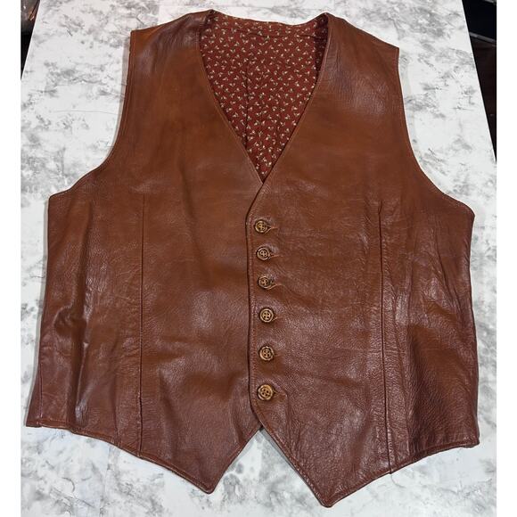 Vintage Handmade Faux Leather Western Vest O/S Floral Cotton Lining Brown Ranch - Picture 3 of 9